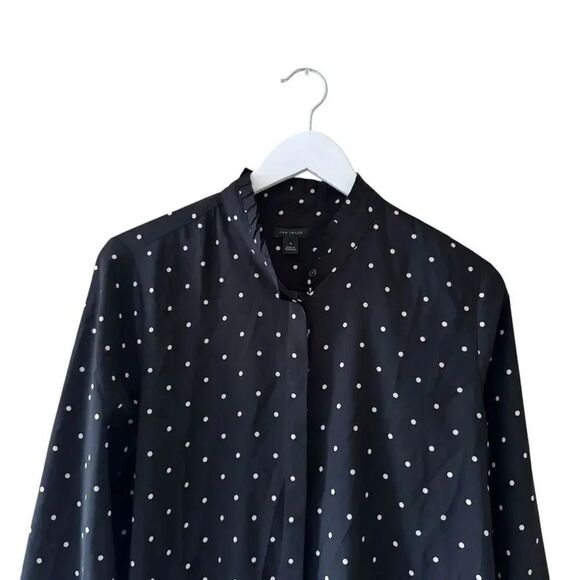 Ann Taylor Scalloped Black Cream Polka Dots Long Sleeves Lightweight SZ M #2317 - Picture 3 of 14
